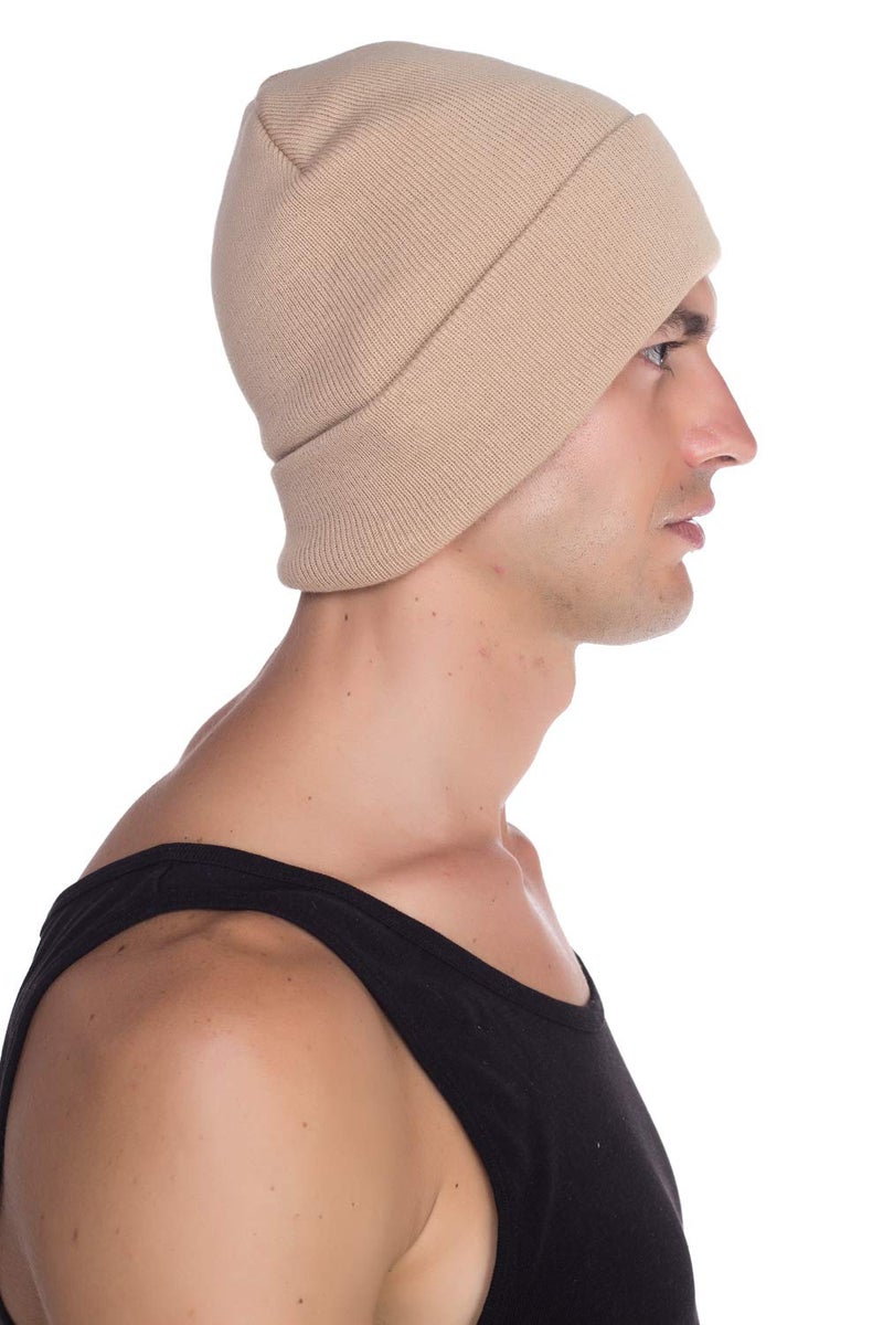 Top Level Beanie Men Women - Unisex Cuffed Plain Skull Knit Hat Cap, Khaki - Image 5